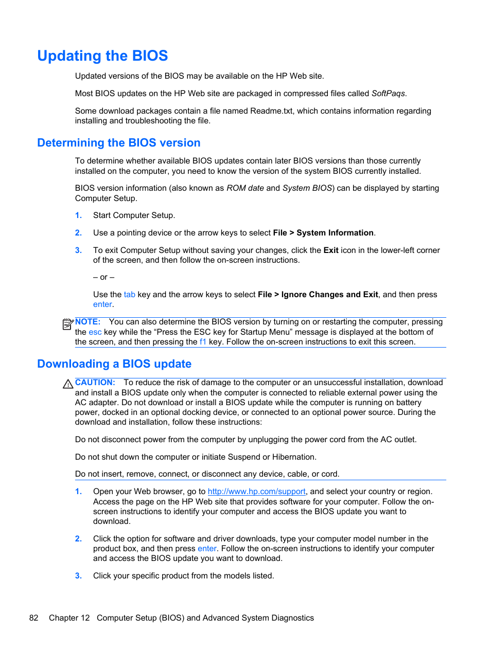 Updating the bios, Determining the bios version, Downloading a bios update | HP ProBook 6465b Notebook-PC User Manual | Page 92 / 114