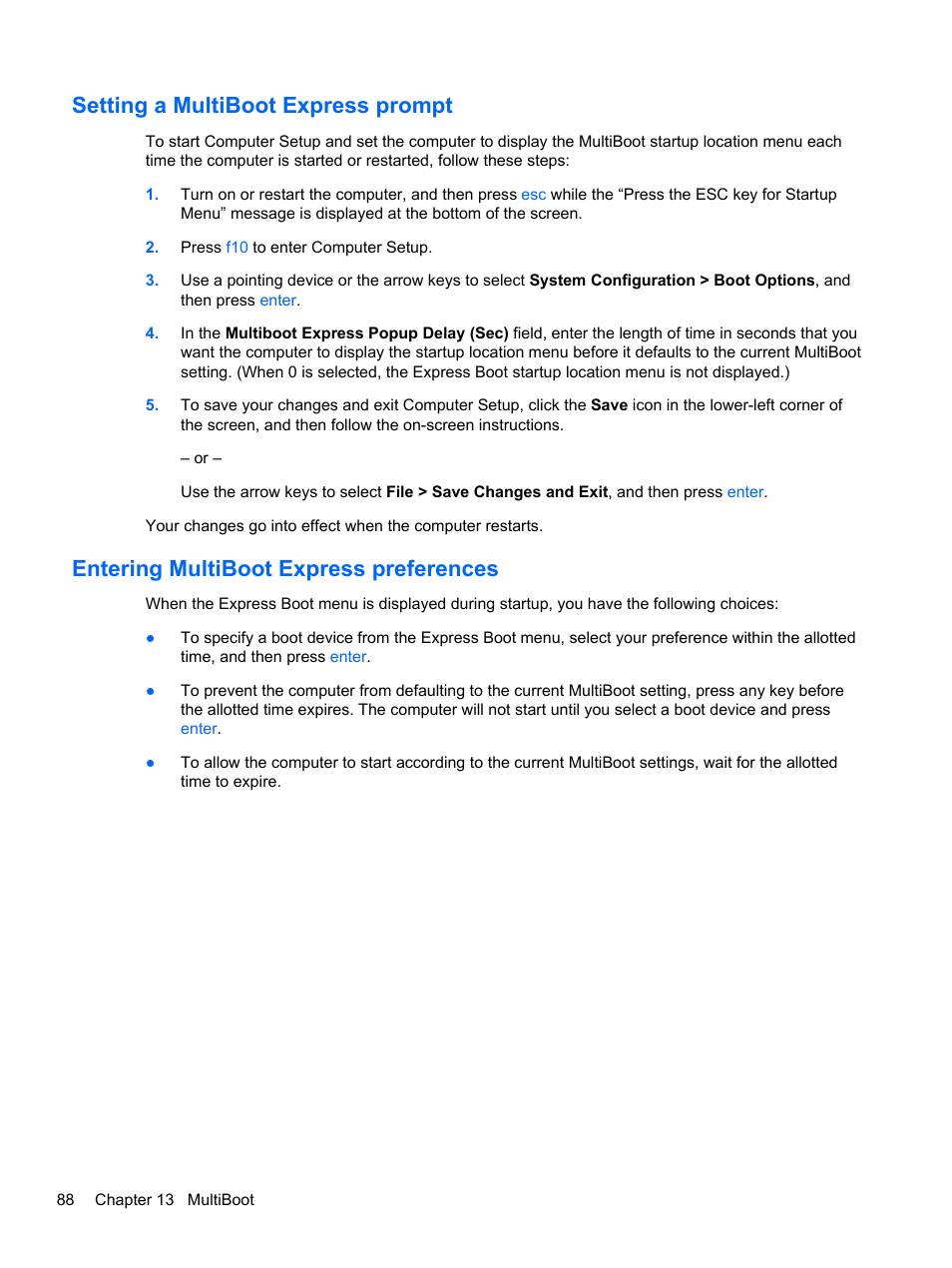 Setting a multiboot express prompt, Entering multiboot express preferences | HP ProBook 6465b Notebook-PC User Manual | Page 98 / 114