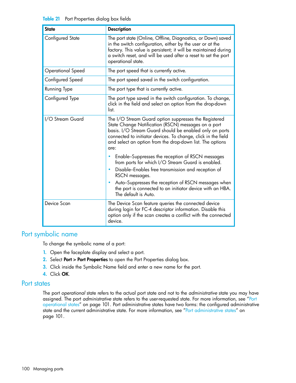 Port symbolic name, Port states, Port symbolic | Name | HP SN6000 Fibre Channel Switch User Manual | Page 100 / 112