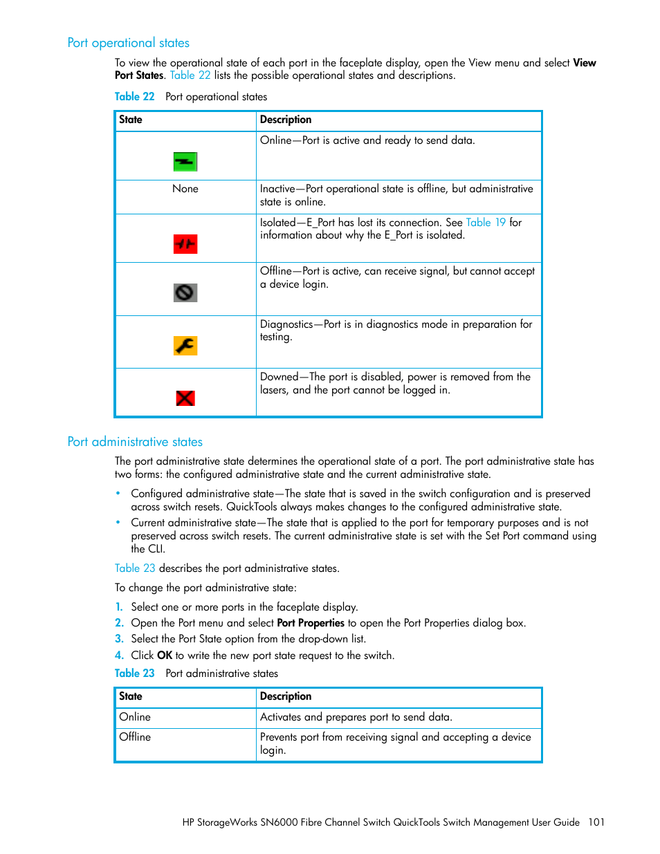 Port operational states, Table 22 port operational states, Port administrative states | Table 23 port administrative states, 22 port operational states, 23 port administrative states, Port, Operational states | HP SN6000 Fibre Channel Switch User Manual | Page 101 / 112