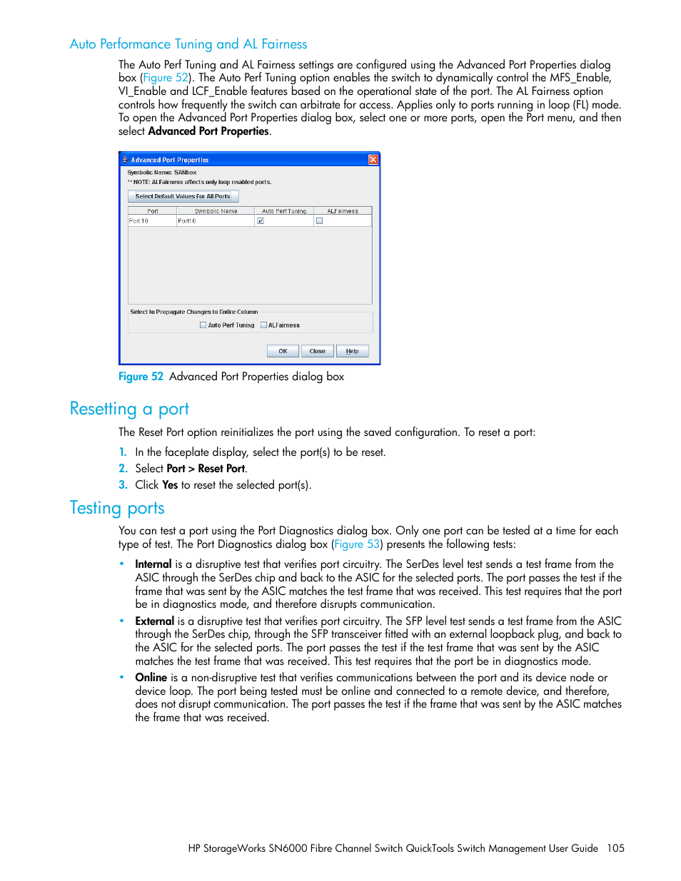 Auto performance tuning and al fairness, Figure 52 advanced port properties dialog box, Resetting a port | Testing ports, 52 advanced port properties dialog box | HP SN6000 Fibre Channel Switch User Manual | Page 105 / 112