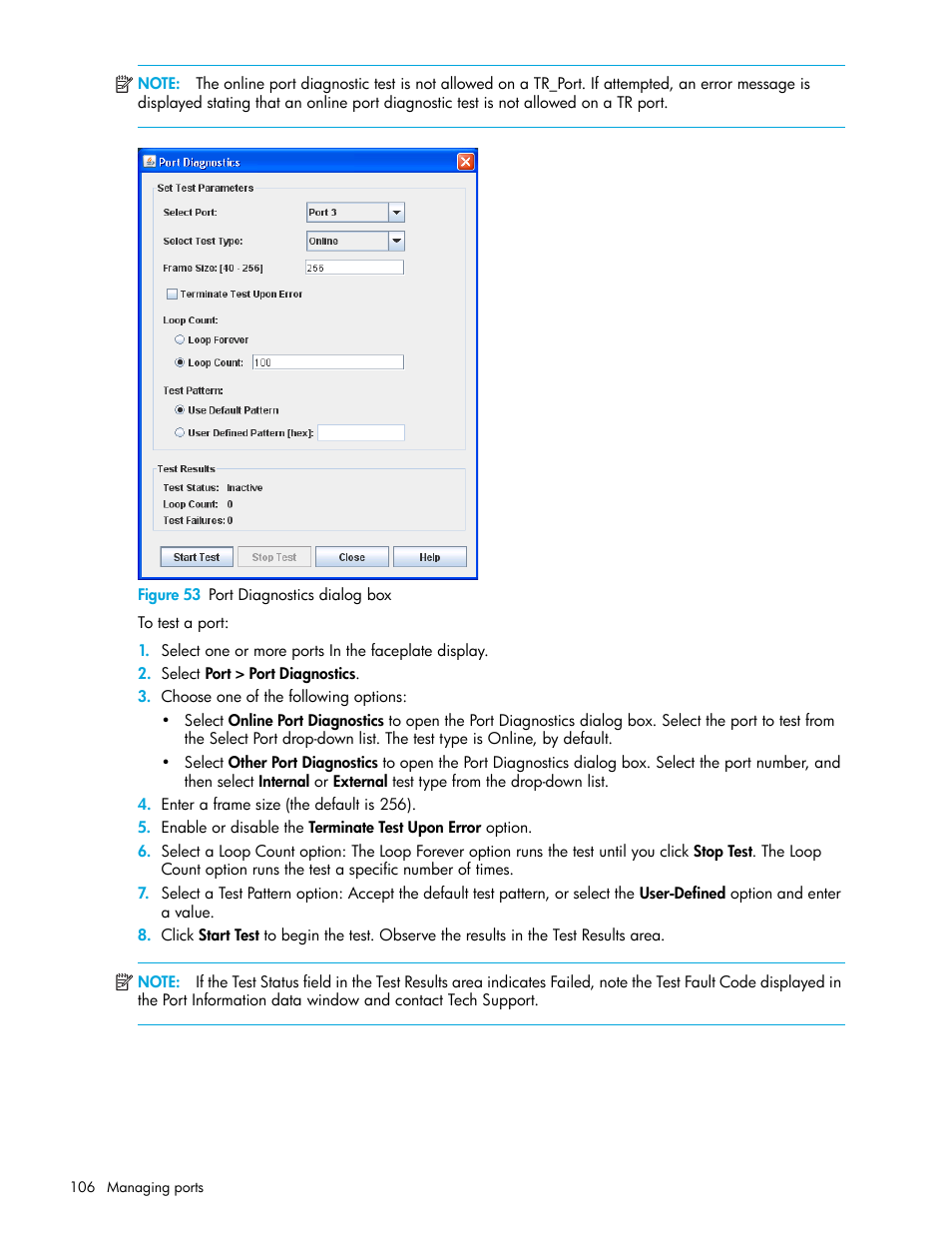 Figure 53 port diagnostics dialog box, 53 port diagnostics dialog box, Figure 53 | HP SN6000 Fibre Channel Switch User Manual | Page 106 / 112