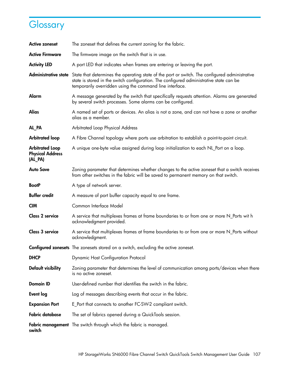 Glossary | HP SN6000 Fibre Channel Switch User Manual | Page 107 / 112