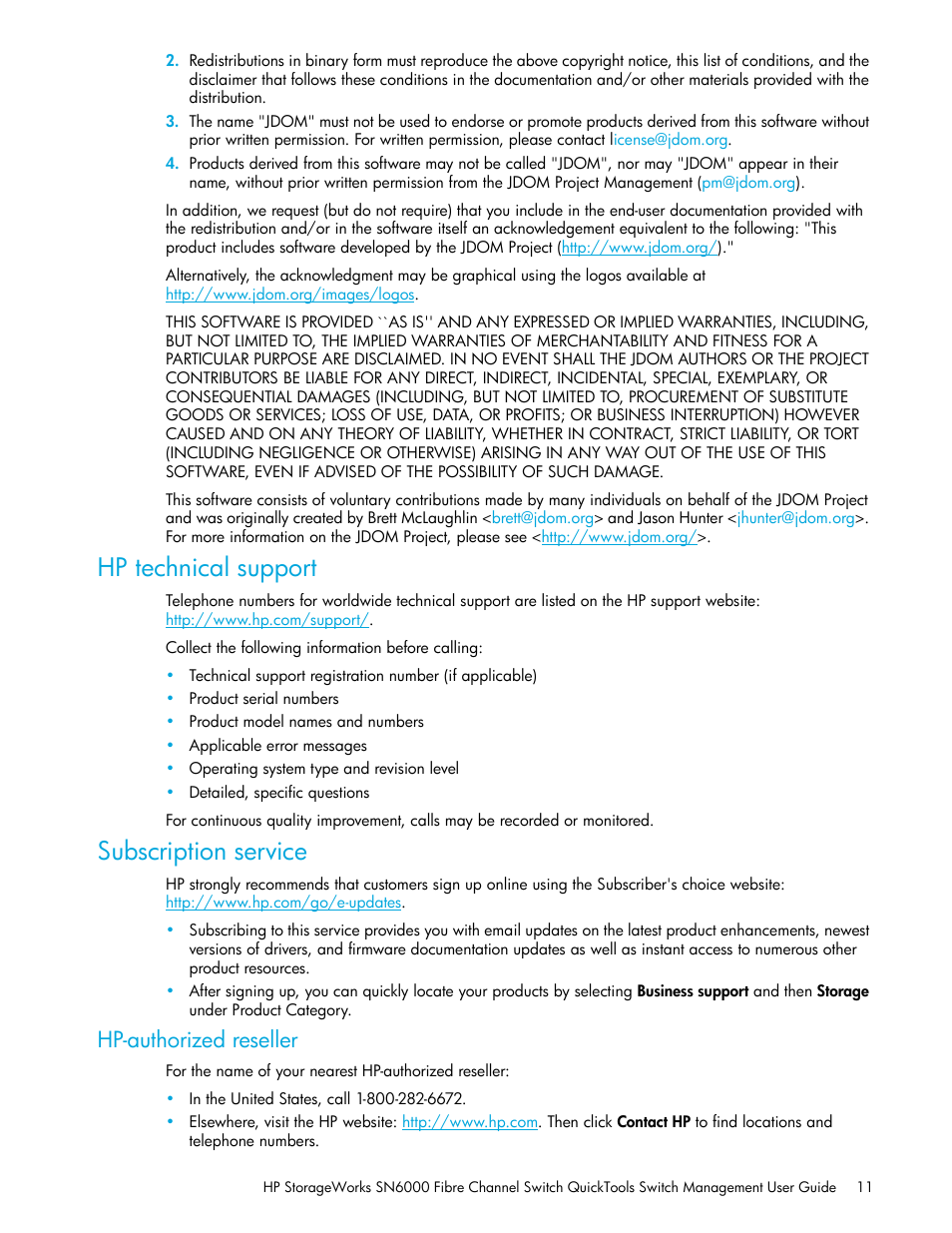 Hp technical support, Subscription service, Hp-authorized reseller | HP SN6000 Fibre Channel Switch User Manual | Page 11 / 112