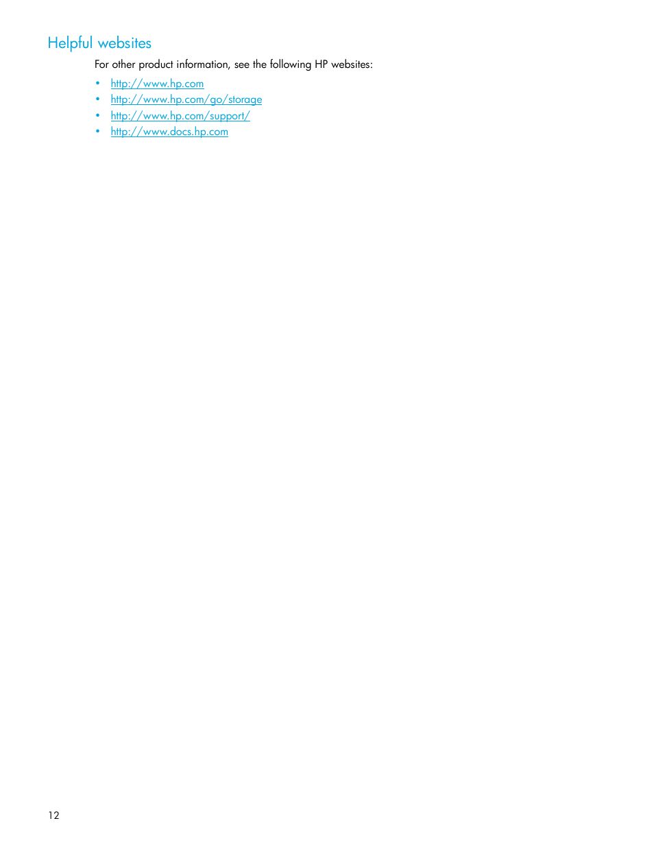 Helpful websites | HP SN6000 Fibre Channel Switch User Manual | Page 12 / 112