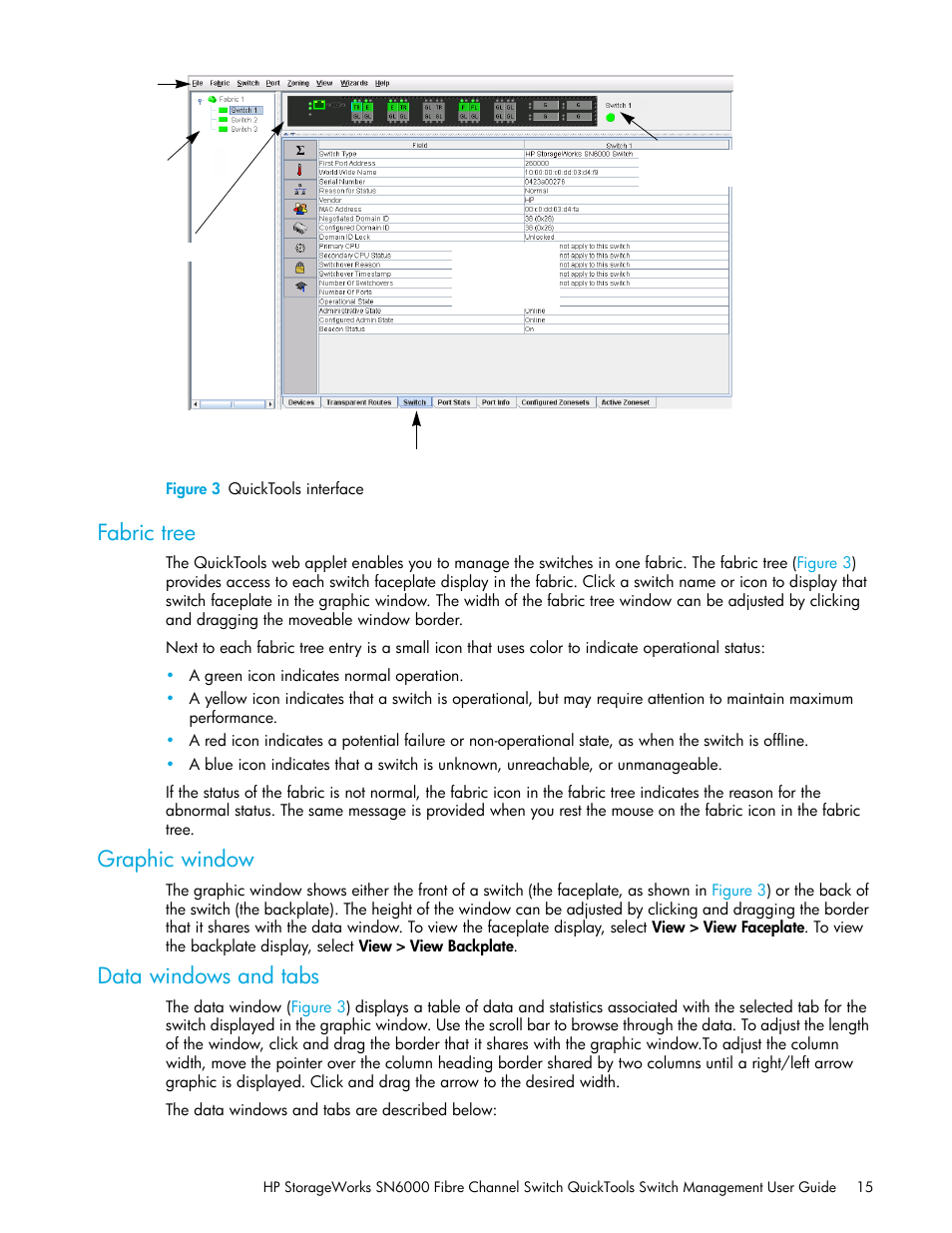 Figure 3 quicktools interface, Fabric tree, Graphic window | Data windows and tabs, 3 quicktools interface, Quicktools interface, Figure 3 | HP SN6000 Fibre Channel Switch User Manual | Page 15 / 112