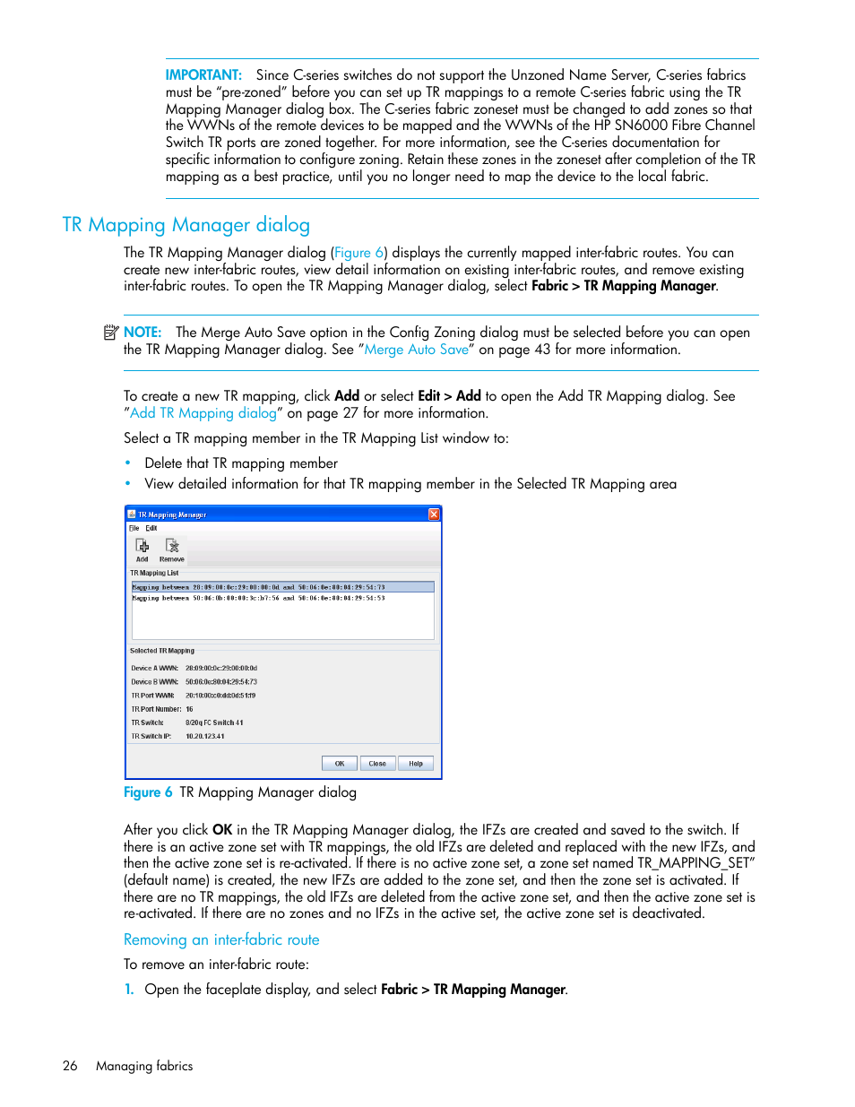 Tr mapping manager dialog, Figure 6 tr mapping manager dialog, Removing an inter-fabric route | 6 tr mapping manager dialog | HP SN6000 Fibre Channel Switch User Manual | Page 26 / 112