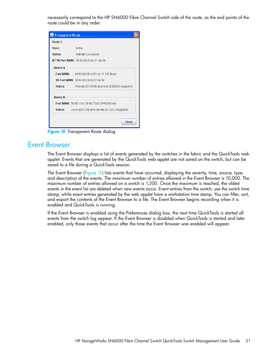 Figure 10 transparent route dialog, Event browser, 10 transparent route dialog | Figure 10 | HP SN6000 Fibre Channel Switch User Manual | Page 31 / 112