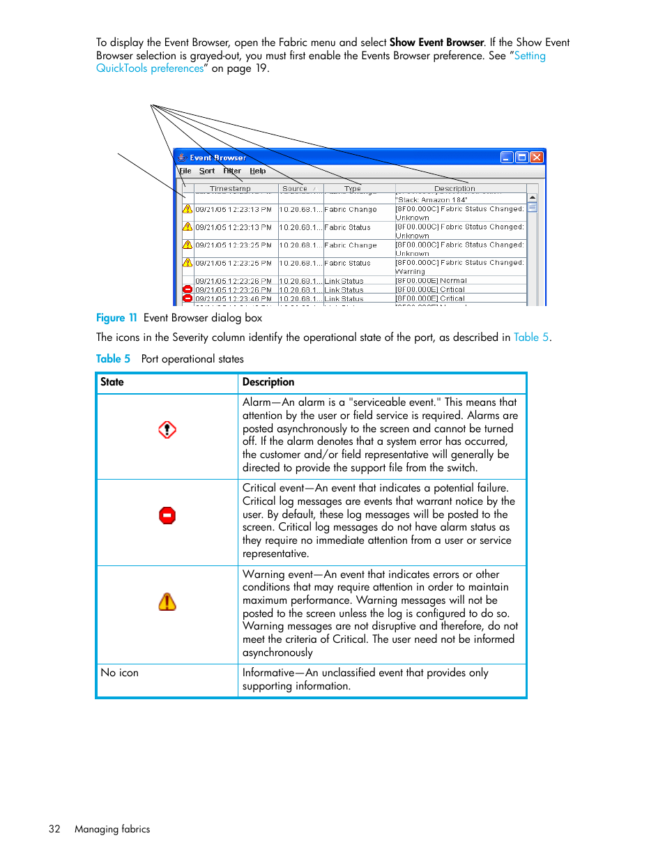 Figure 11 event browser dialog box, Table 5 port operational states, 11 event browser dialog box | 5 port operational states | HP SN6000 Fibre Channel Switch User Manual | Page 32 / 112