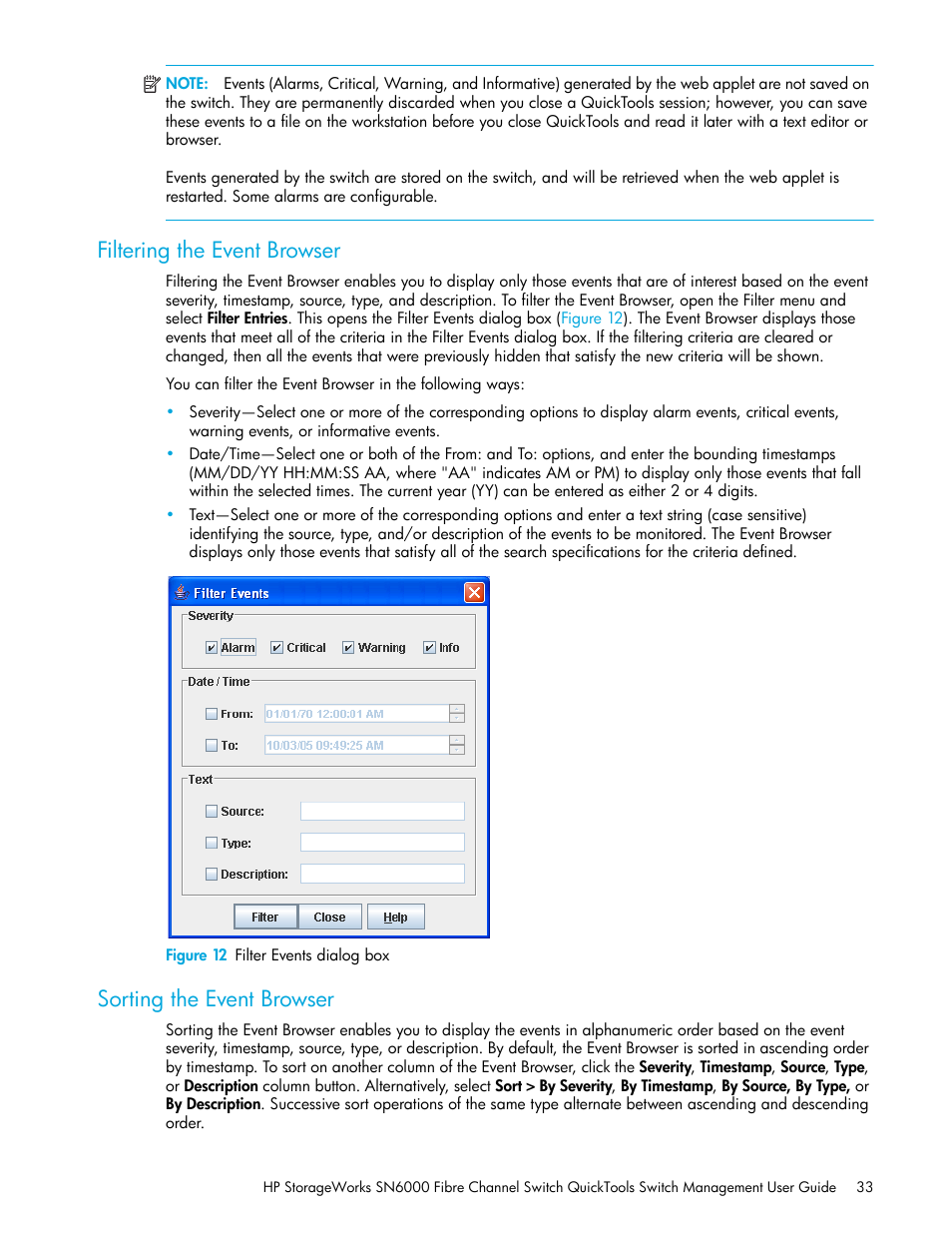 Filtering the event browser, Figure 12 filter events dialog box, Sorting the event browser | 12 filter events dialog box | HP SN6000 Fibre Channel Switch User Manual | Page 33 / 112