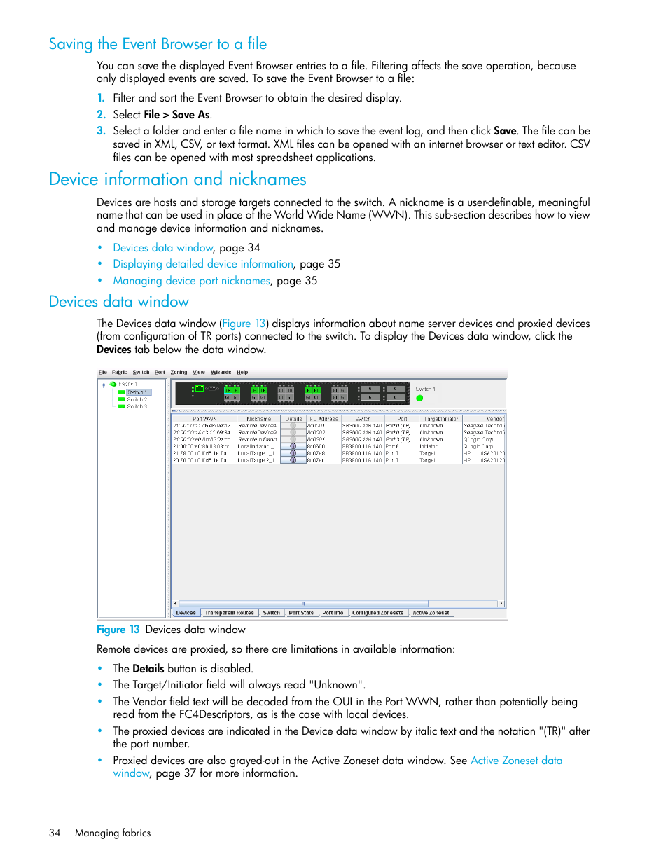 Saving the event browser to a file, Device information and nicknames, Devices data window | Figure 13 devices data window, 13 devices data window | HP SN6000 Fibre Channel Switch User Manual | Page 34 / 112