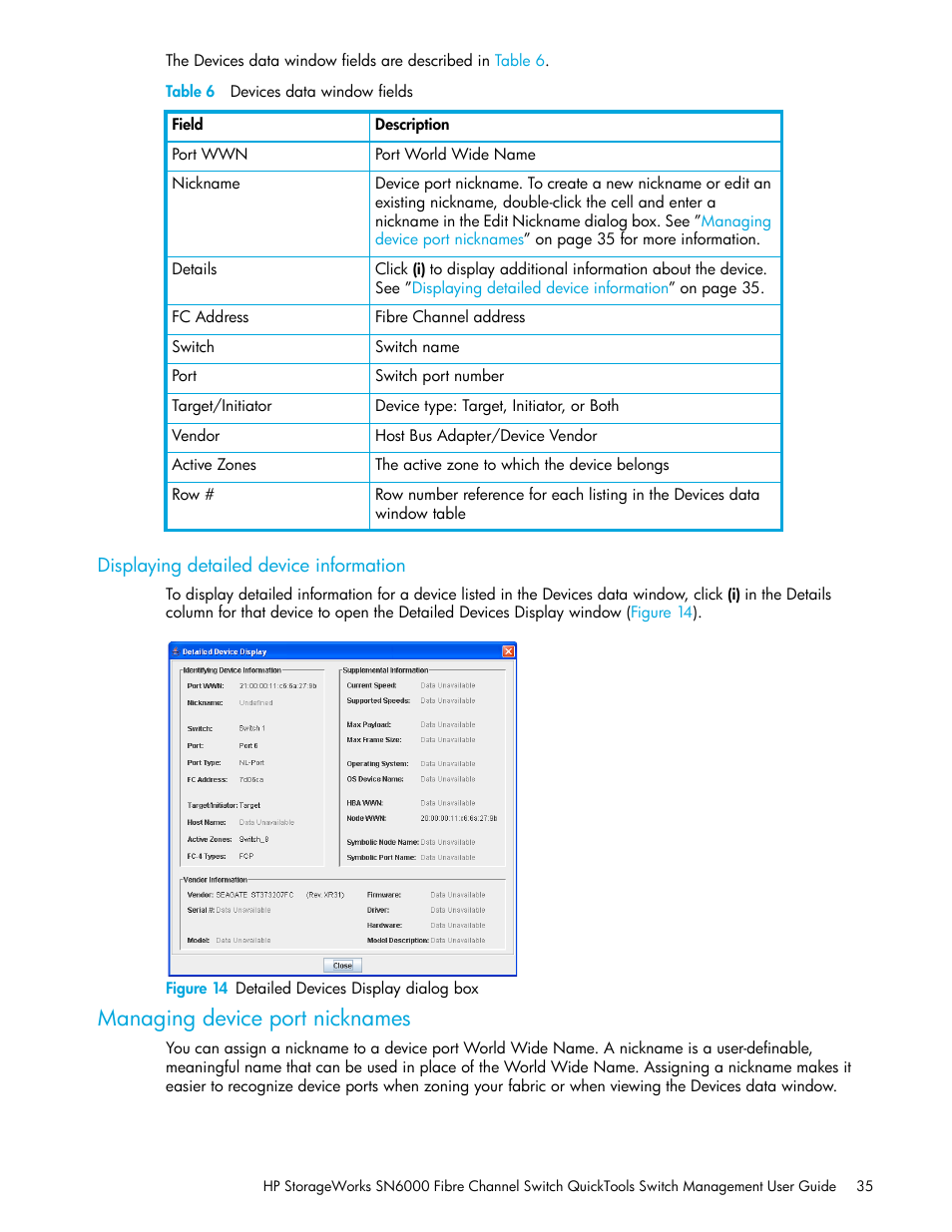 Table 6 devices data window fields, Displaying detailed device information, Figure 14 detailed devices display dialog box | Managing device port nicknames, 14 detailed devices display dialog box, 6 devices data window fields | HP SN6000 Fibre Channel Switch User Manual | Page 35 / 112