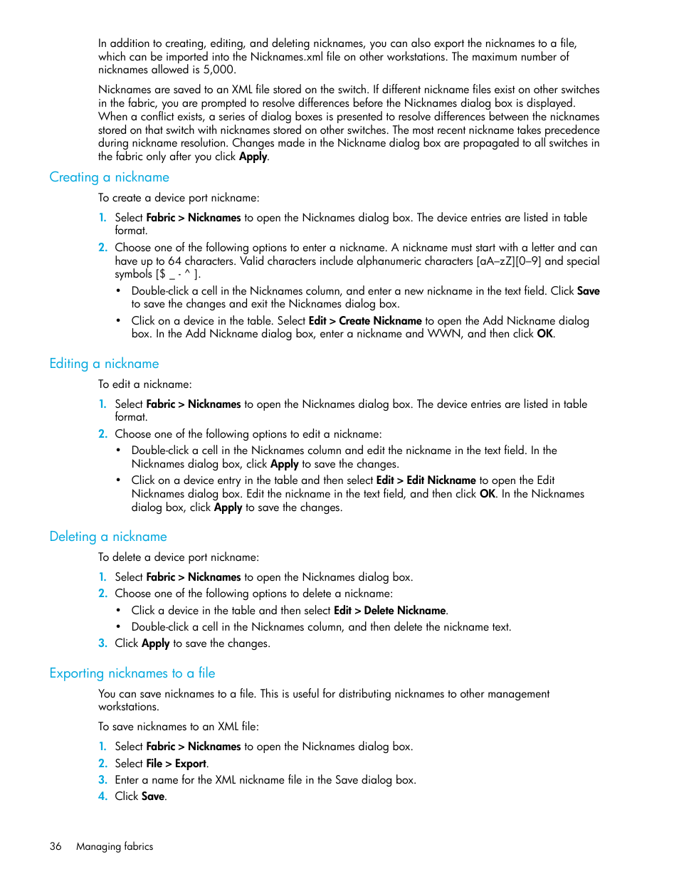 Creating a nickname, Editing a nickname, Deleting a nickname | Exporting nicknames to a file | HP SN6000 Fibre Channel Switch User Manual | Page 36 / 112