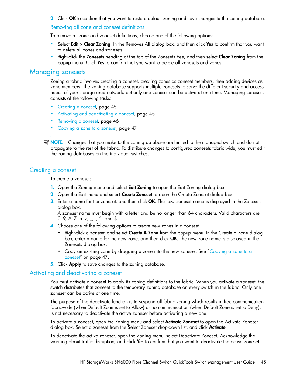 Removing all zone and zoneset definitions, Managing zonesets, Creating a zoneset | Activating and deactivating a zoneset | HP SN6000 Fibre Channel Switch User Manual | Page 45 / 112