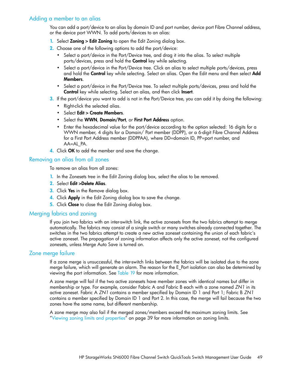Adding a member to an alias, Removing an alias from all zones, Merging fabrics and zoning | Zone merge failure | HP SN6000 Fibre Channel Switch User Manual | Page 49 / 112