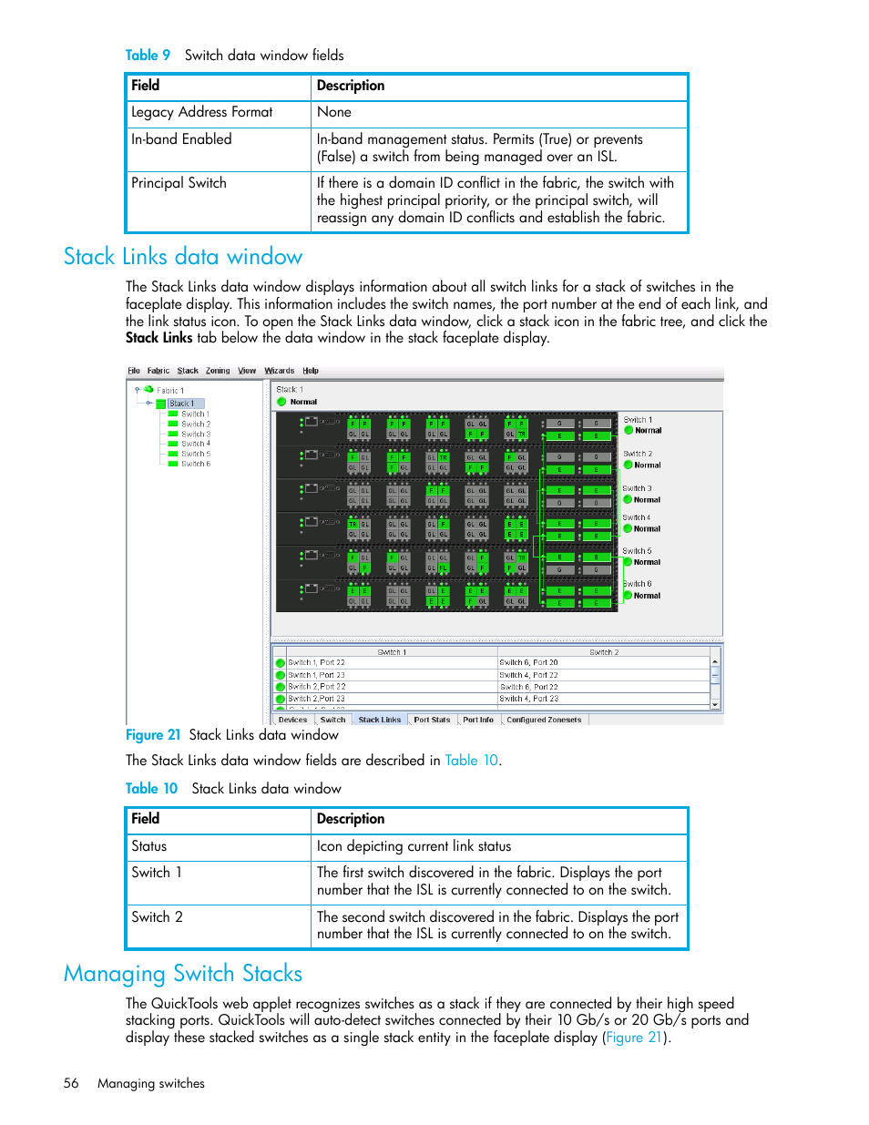 Stack links data window, Figure 21 stack links data window, Table 10 stack links data window | Managing switch stacks, 21 stack links data window, 10 stack links data window | HP SN6000 Fibre Channel Switch User Manual | Page 56 / 112