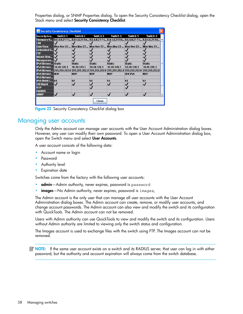 Managing user accounts, 22 security consistency checklist dialog box, Figure 22 | HP SN6000 Fibre Channel Switch User Manual | Page 58 / 112