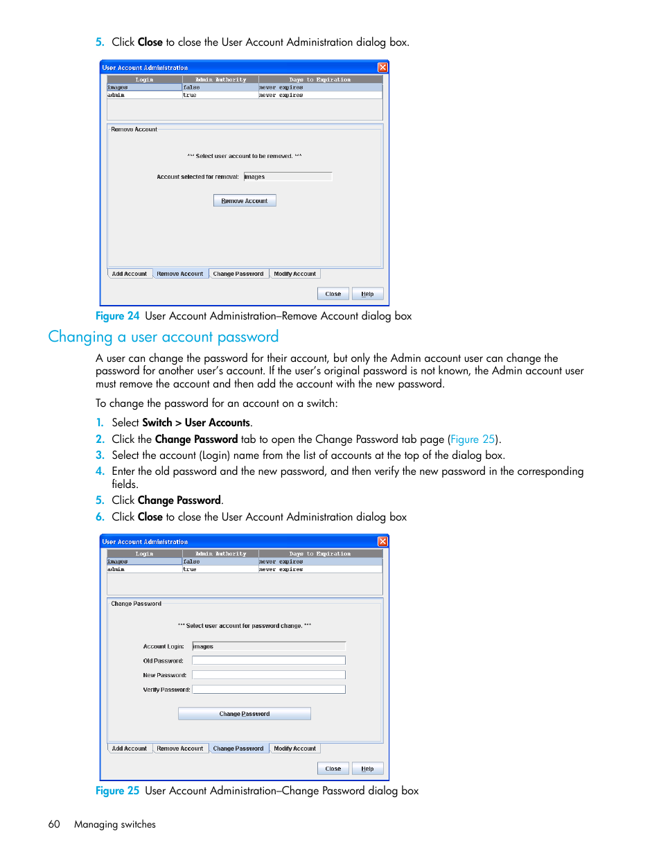 Changing a user account password | HP SN6000 Fibre Channel Switch User Manual | Page 60 / 112