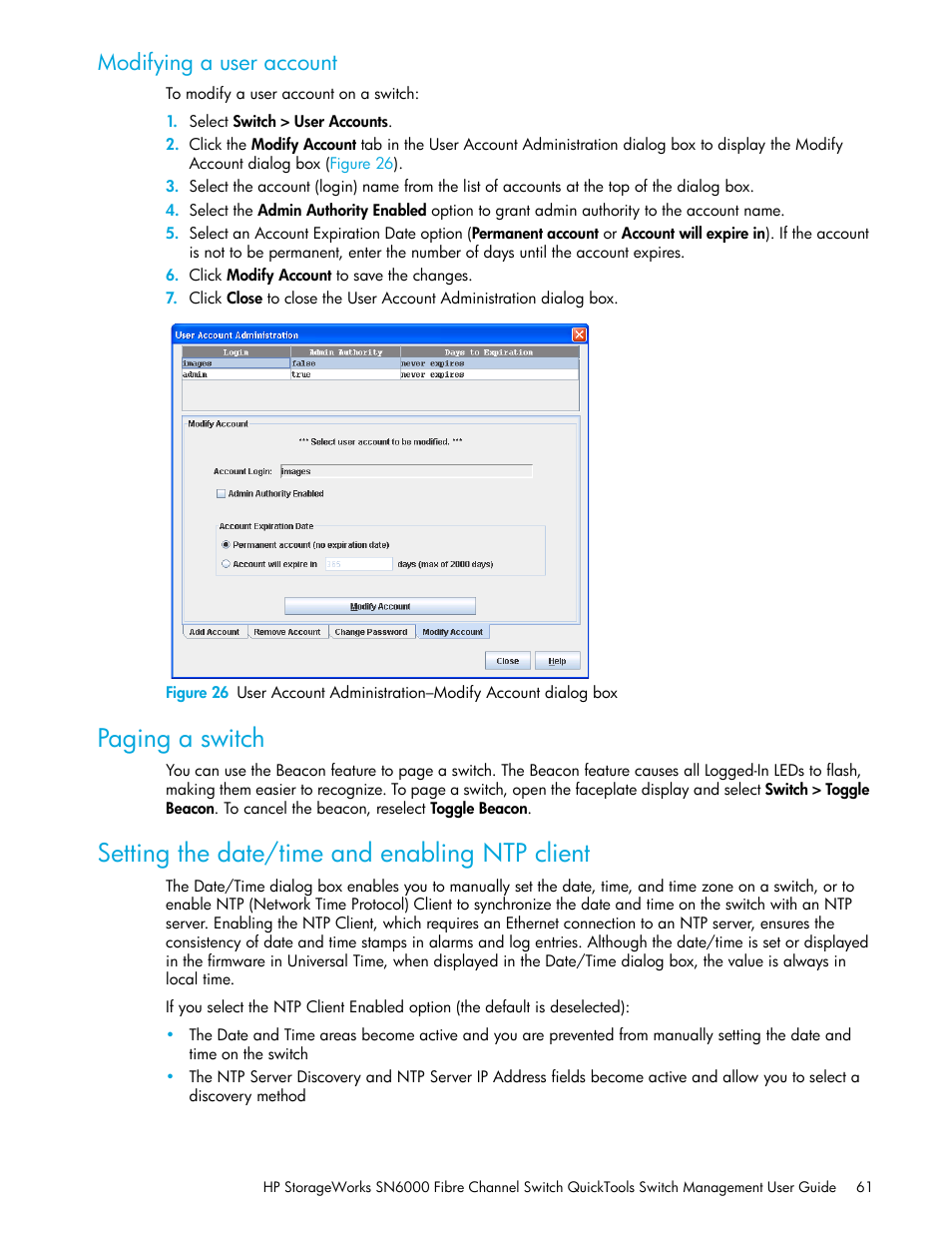 Modifying a user account, Paging a switch, Setting the date/time and enabling ntp client | Setting the date/time and enabling ntp, Client | HP SN6000 Fibre Channel Switch User Manual | Page 61 / 112