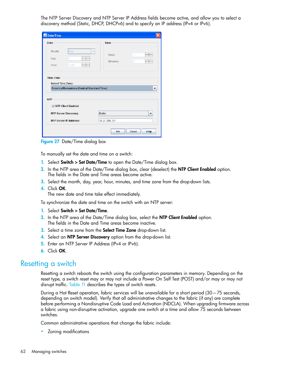 Figure 27 date/time dialog box, Resetting a switch, 27 date/time dialog box | HP SN6000 Fibre Channel Switch User Manual | Page 62 / 112