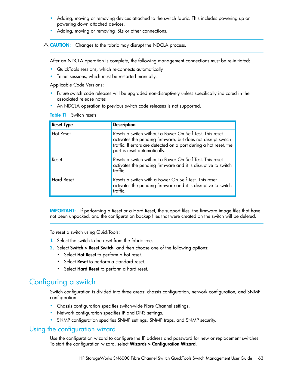 Table 11 switch resets, Configuring a switch, Using the configuration wizard | 11 switch resets | HP SN6000 Fibre Channel Switch User Manual | Page 63 / 112