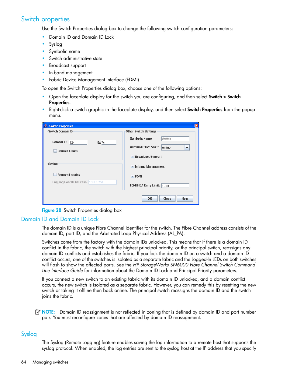 Switch properties, Figure 28 switch properties dialog box, Domain id and domain id lock | Syslog, 28 switch properties dialog box | HP SN6000 Fibre Channel Switch User Manual | Page 64 / 112