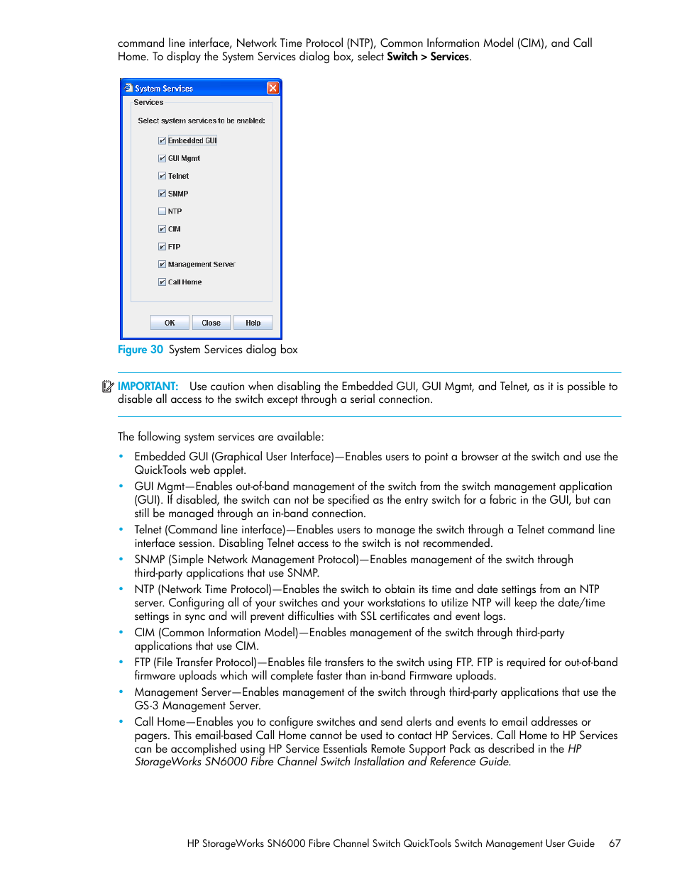 Figure 30 system services dialog box, 30 system services dialog box, Figure 30 | HP SN6000 Fibre Channel Switch User Manual | Page 67 / 112