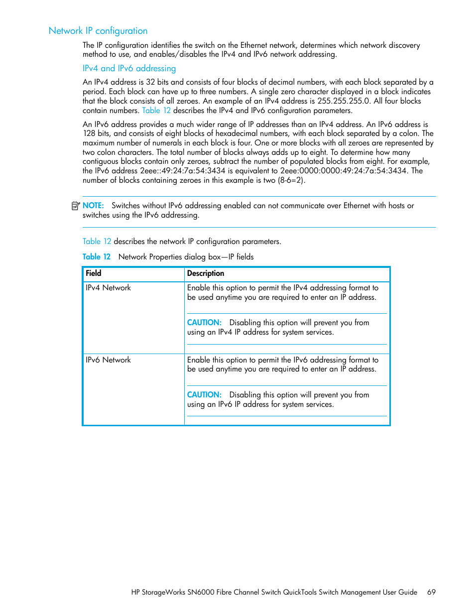 Network ip configuration, Ipv4 and ipv6 addressing, Table 12 network properties dialog box—ip fields | 12 network properties dialog box—ip fields | HP SN6000 Fibre Channel Switch User Manual | Page 69 / 112