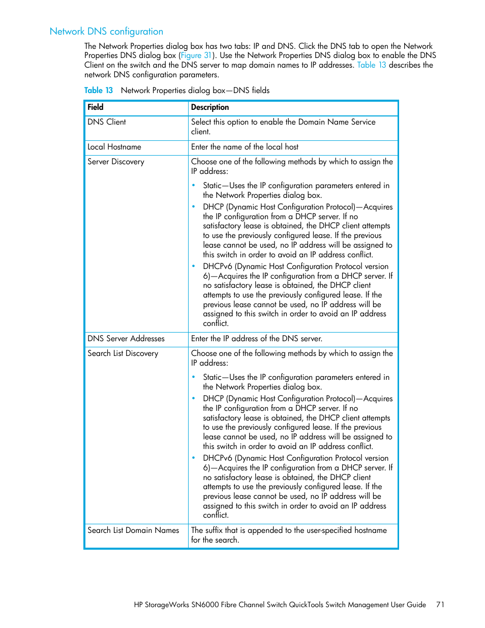 Network dns configuration, Table 13 network properties dialog box—dns fields, 13 network properties dialog box—dns fields | HP SN6000 Fibre Channel Switch User Manual | Page 71 / 112
