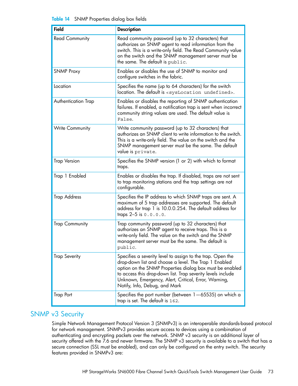 Snmp v3 security | HP SN6000 Fibre Channel Switch User Manual | Page 73 / 112