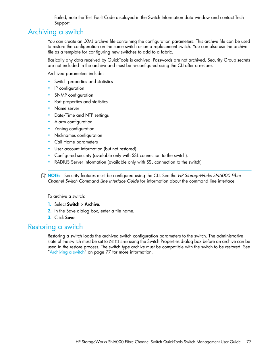 Archiving a switch, Restoring a switch | HP SN6000 Fibre Channel Switch User Manual | Page 77 / 112