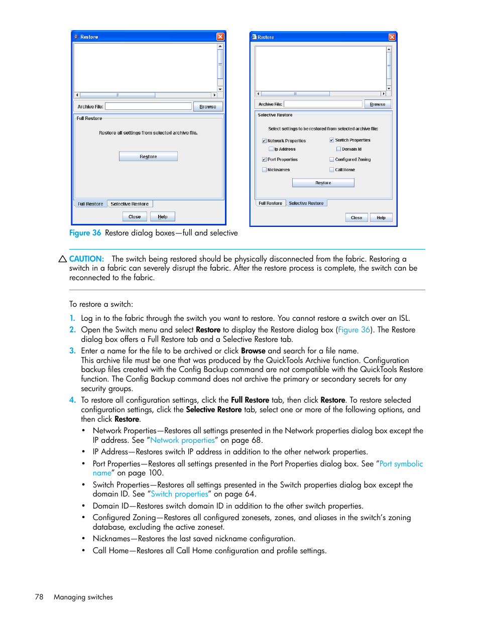 Figure 36 restore dialog boxes—full and selective, 36 restore dialog boxes—full and selective | HP SN6000 Fibre Channel Switch User Manual | Page 78 / 112