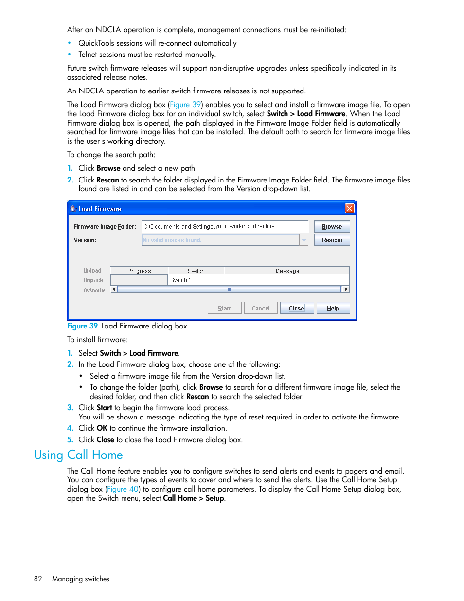 Figure 39 load firmware dialog box, Using call home, 39 load firmware dialog box | HP SN6000 Fibre Channel Switch User Manual | Page 82 / 112