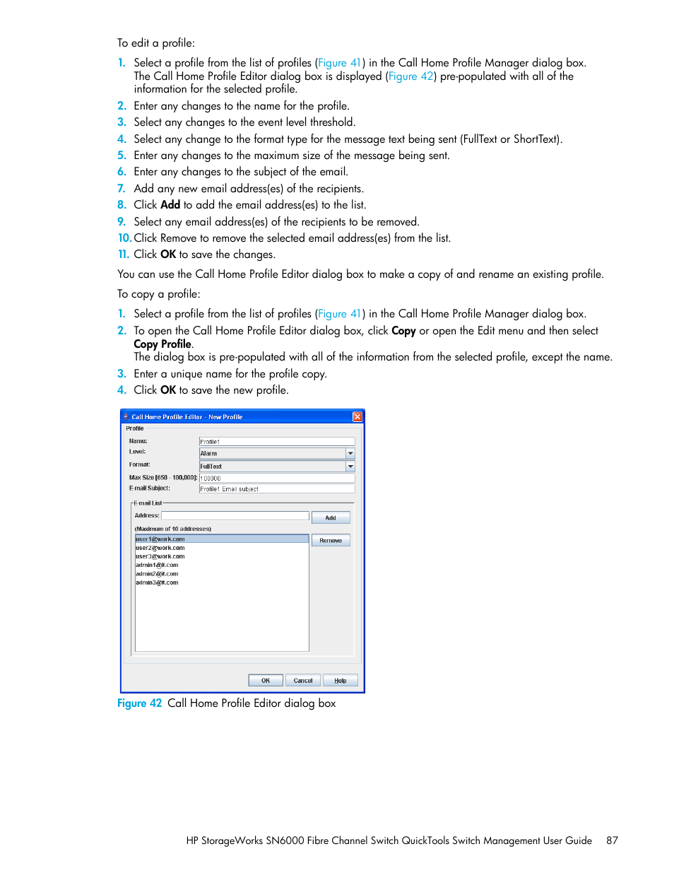 Figure 42 call home profile editor dialog box, 42 call home profile editor dialog box, Figure 42 | HP SN6000 Fibre Channel Switch User Manual | Page 87 / 112