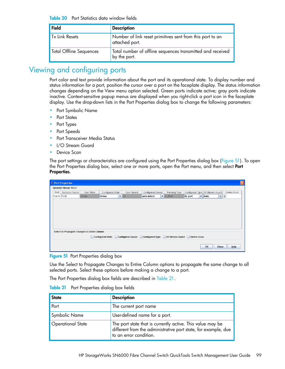 Viewing and configuring ports, Figure 51 port properties dialog box, Table 21 port properties dialog box fields | 51 port properties dialog box, 21 port properties dialog box fields | HP SN6000 Fibre Channel Switch User Manual | Page 99 / 112