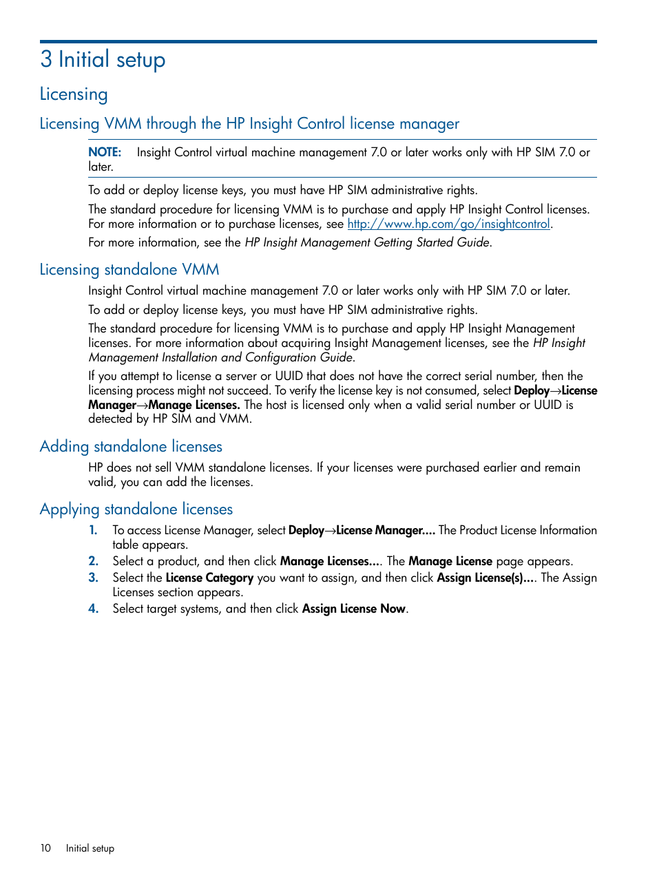 3 initial setup, Licensing, Licensing standalone vmm | Adding standalone licenses, Applying standalone licenses | HP Insight Control User Manual | Page 10 / 54