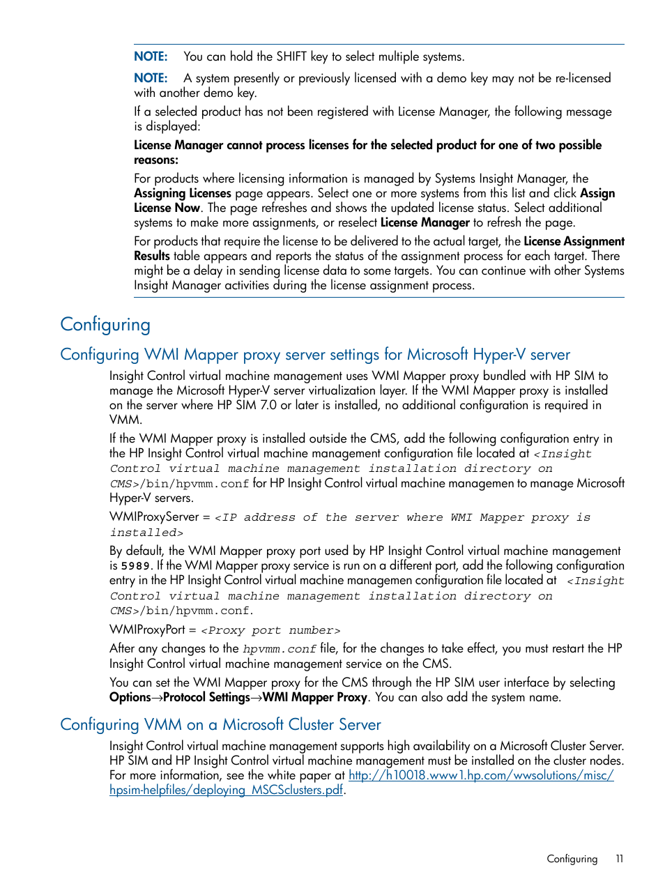 Configuring, Configuring vmm on a microsoft cluster server | HP Insight Control User Manual | Page 11 / 54