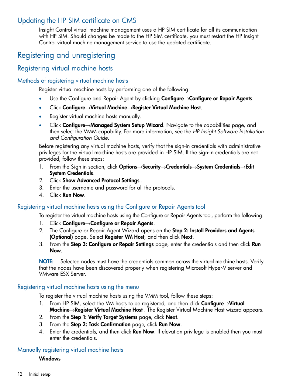 Updating the hp sim certificate on cms, Registering and unregistering, Registering virtual machine hosts | Methods of registering virtual machine hosts, Registering virtual machine hosts using the menu, Manually registering virtual machine hosts | HP Insight Control User Manual | Page 12 / 54