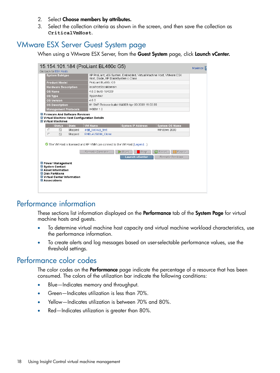 Performance information, Performance color codes, Vmware esx server guest system page | HP Insight Control User Manual | Page 18 / 54