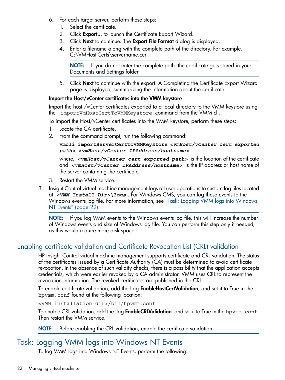 Task: logging vmm logs into windows nt events | HP Insight Control User Manual | Page 22 / 54