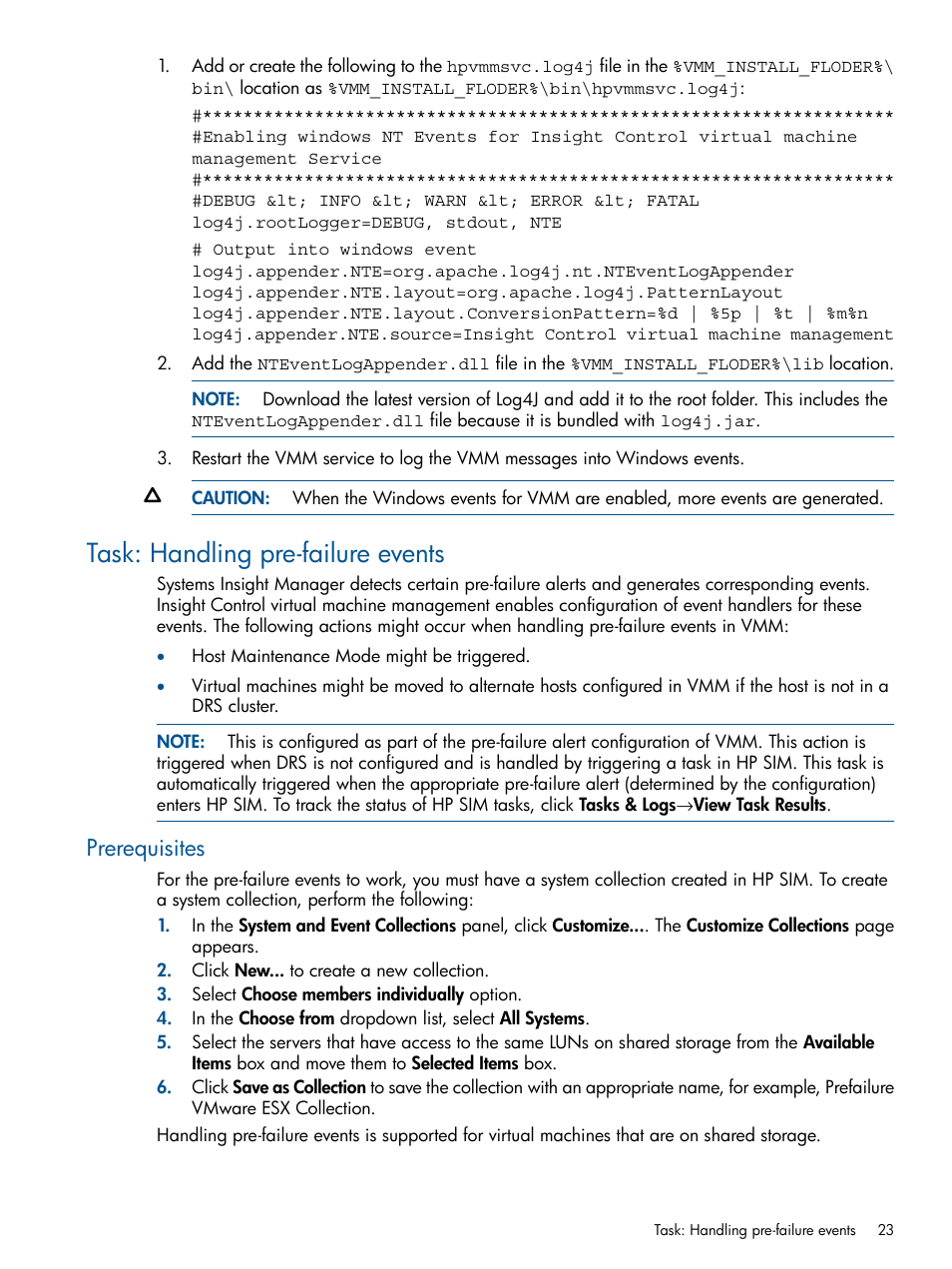 Task: handling pre-failure events, Prerequisites | HP Insight Control User Manual | Page 23 / 54