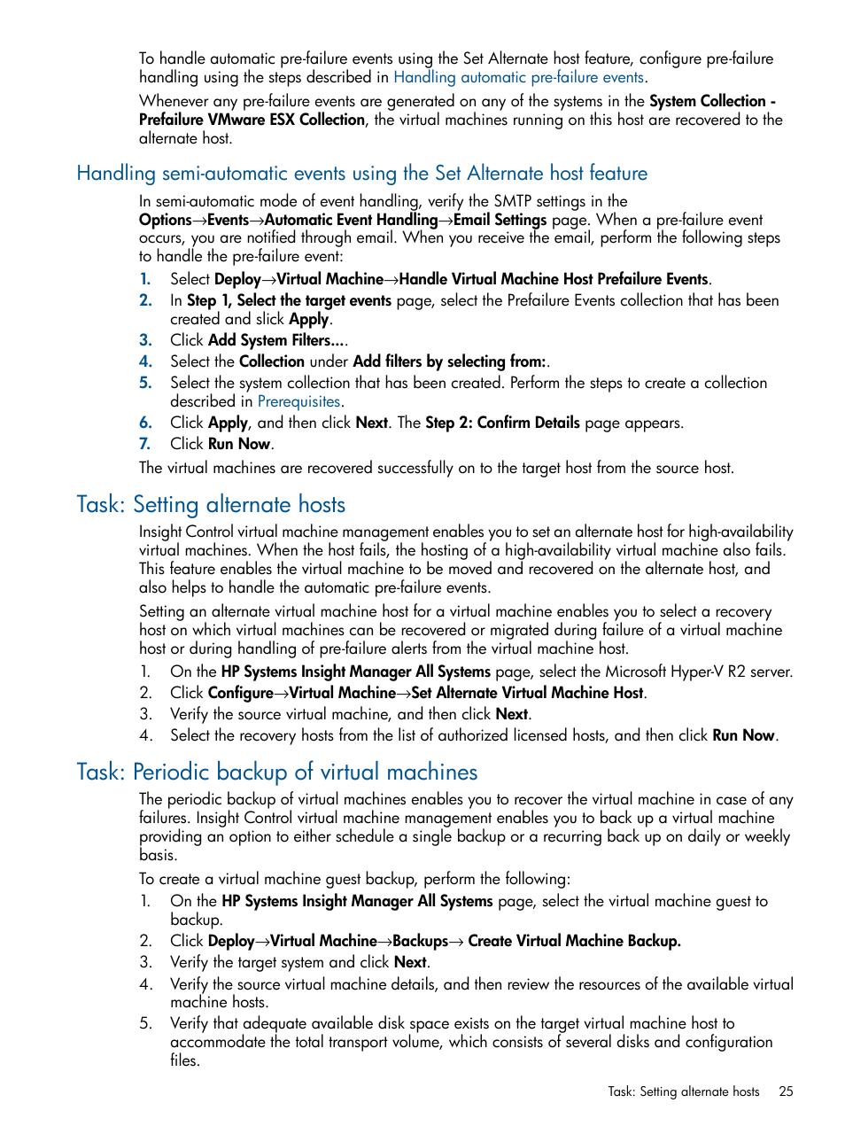 Task: setting alternate hosts, Task: periodic backup of virtual machines | HP Insight Control User Manual | Page 25 / 54