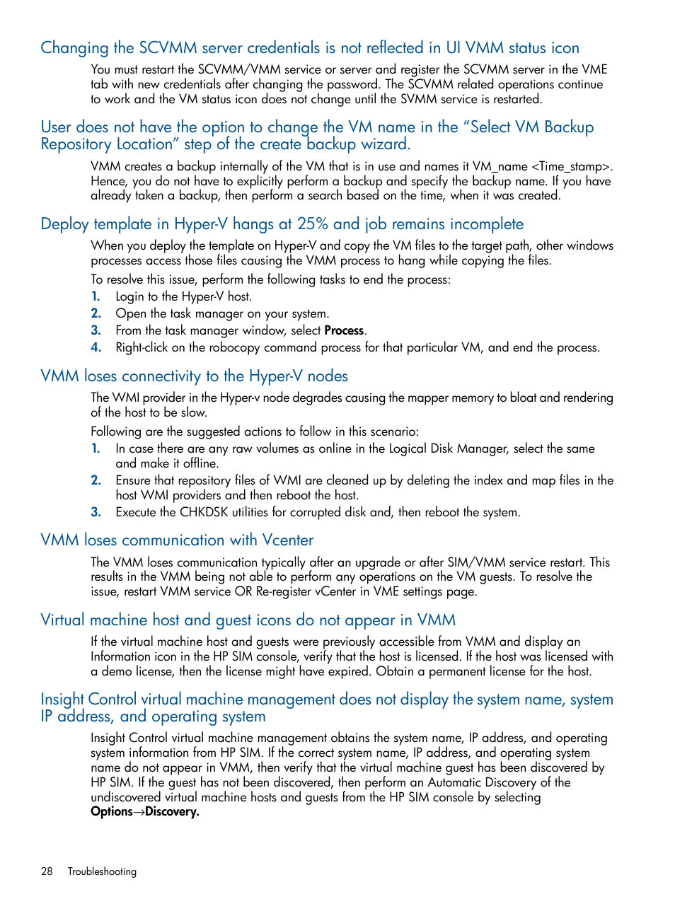 Vmm loses connectivity to the hyper-v nodes, Vmm loses communication with vcenter | HP Insight Control User Manual | Page 28 / 54