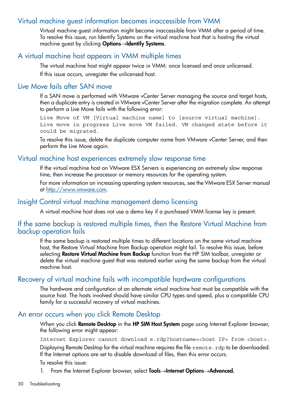 Live move fails after san move, An error occurs when you click remote desktop | HP Insight Control User Manual | Page 30 / 54