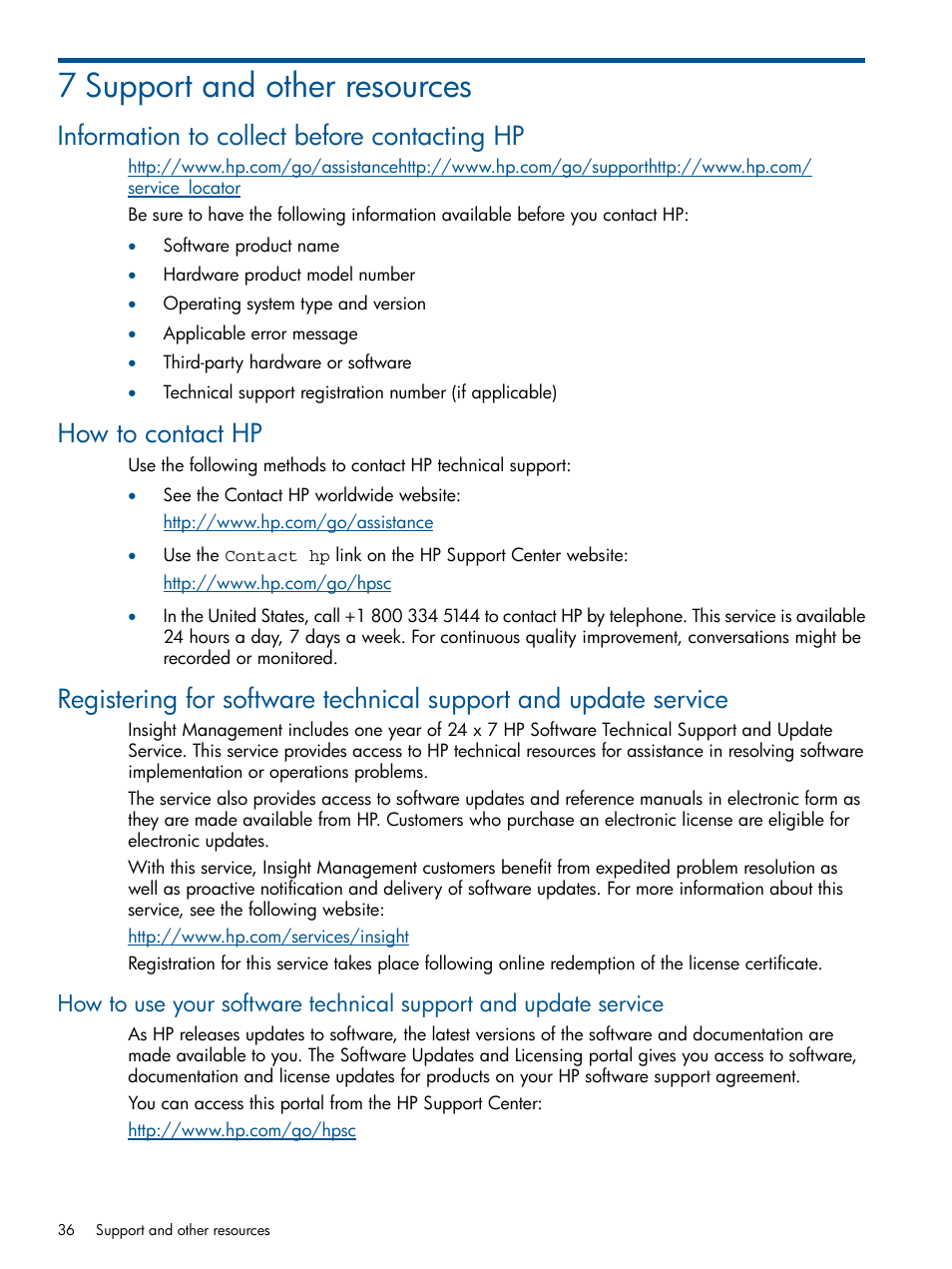 7 support and other resources, Information to collect before contacting hp, How to contact hp | HP Insight Control User Manual | Page 36 / 54