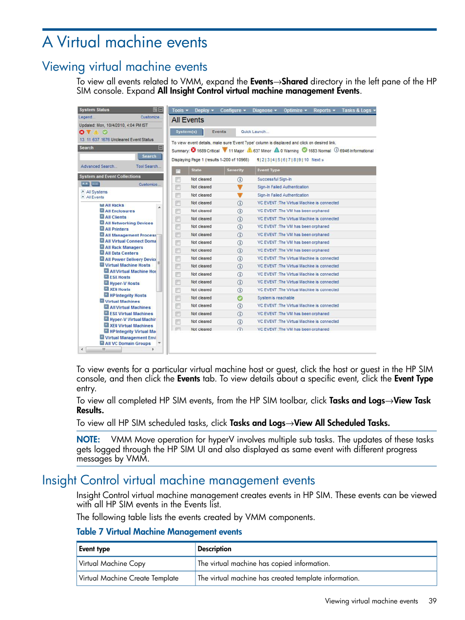 A virtual machine events, Viewing virtual machine events, Insight control virtual machine management events | HP Insight Control User Manual | Page 39 / 54