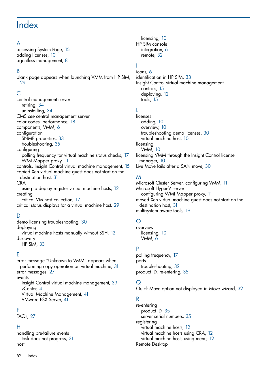 Index | HP Insight Control User Manual | Page 52 / 54