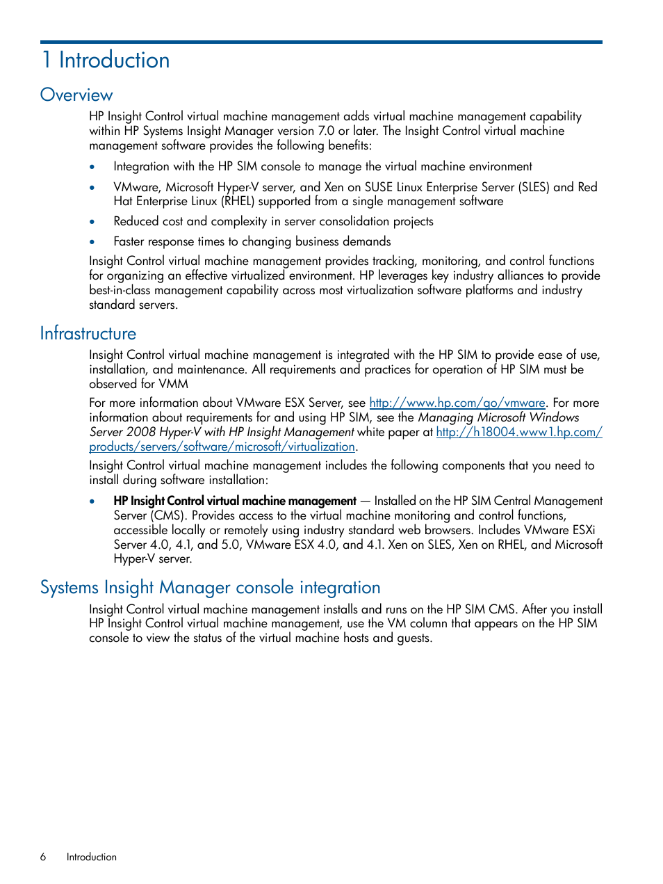 1 introduction, Overview, Infrastructure | Systems insight manager console integration | HP Insight Control User Manual | Page 6 / 54