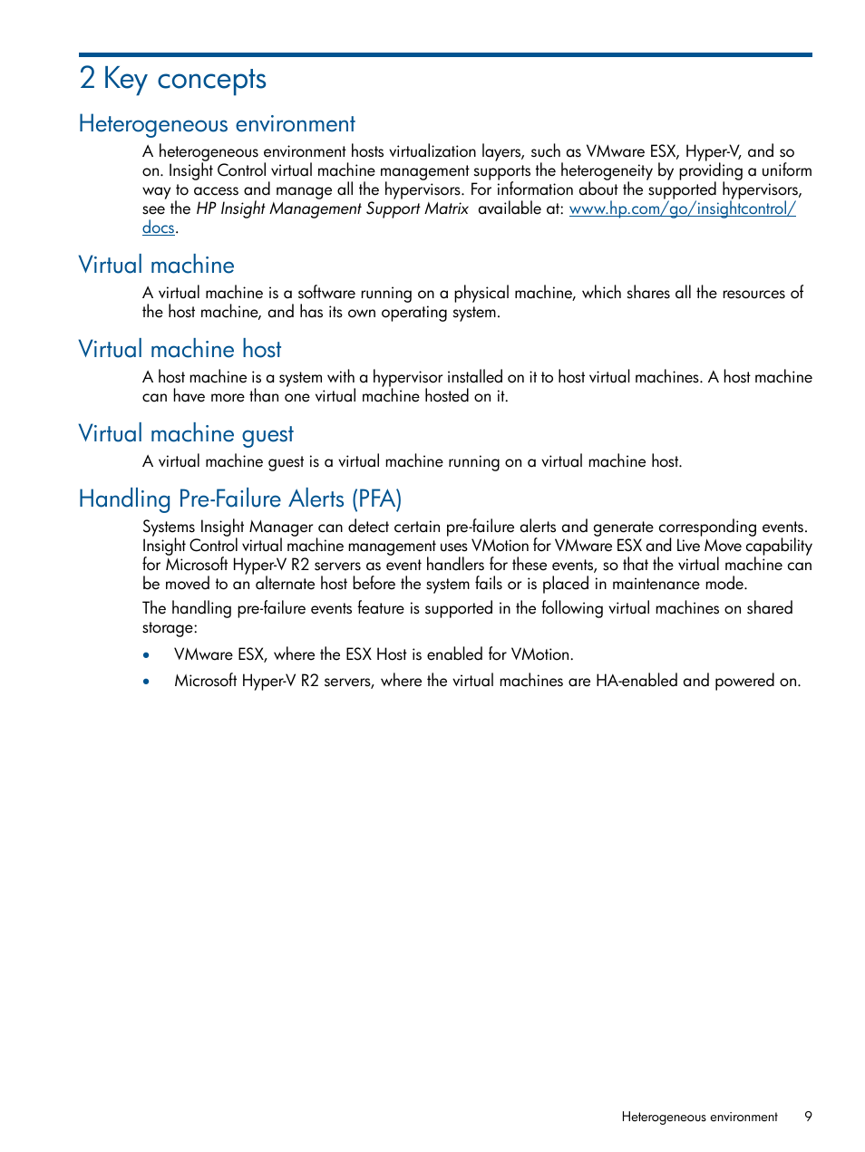 2 key concepts, Heterogeneous environment, Virtual machine | Virtual machine host, Virtual machine guest, Handling pre-failure alerts (pfa) | HP Insight Control User Manual | Page 9 / 54