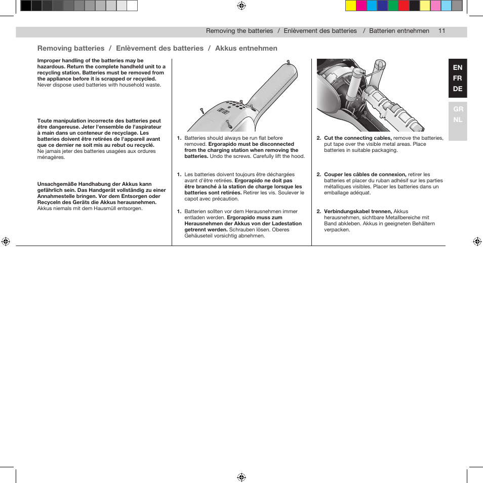 Removing batteries, Enlèvement des batteries, Akkus entnehmen | AEG AG943 User Manual | Page 13 / 30